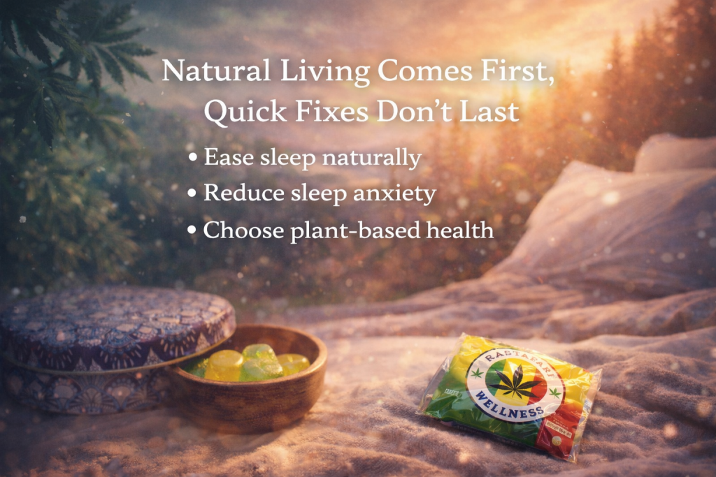 Natural sleep gummies by Rastafari Wellness surrounded by a tranquil landscape symbolizing rest, balance, and ease of sleep