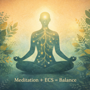 Illustration of a person meditating with glowing internal lines representing the endocannabinoid system, surrounded by botanical elements symbolizing balance and mental clarity.