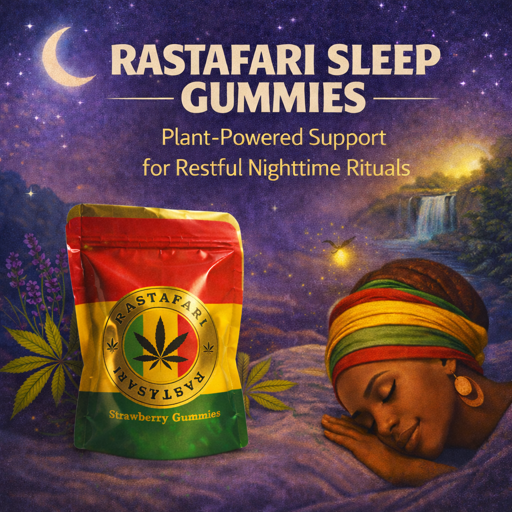 Rastafari brand strawberry gummies pouch in red, yellow, and green packaging.