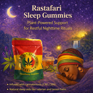Rastafari Sleep Gummies pouch displayed in a serene nighttime scene symbolizing plant-powered sleep and relaxation rituals.