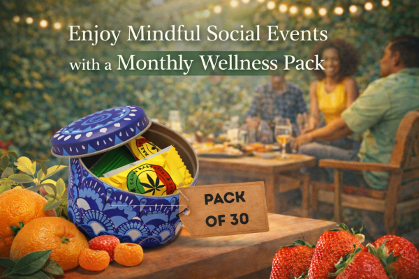 Monthly wellness pack with 30 gummies displayed on a table with fresh fruit at an outdoor social gathering, representing mindful and balanced social events.